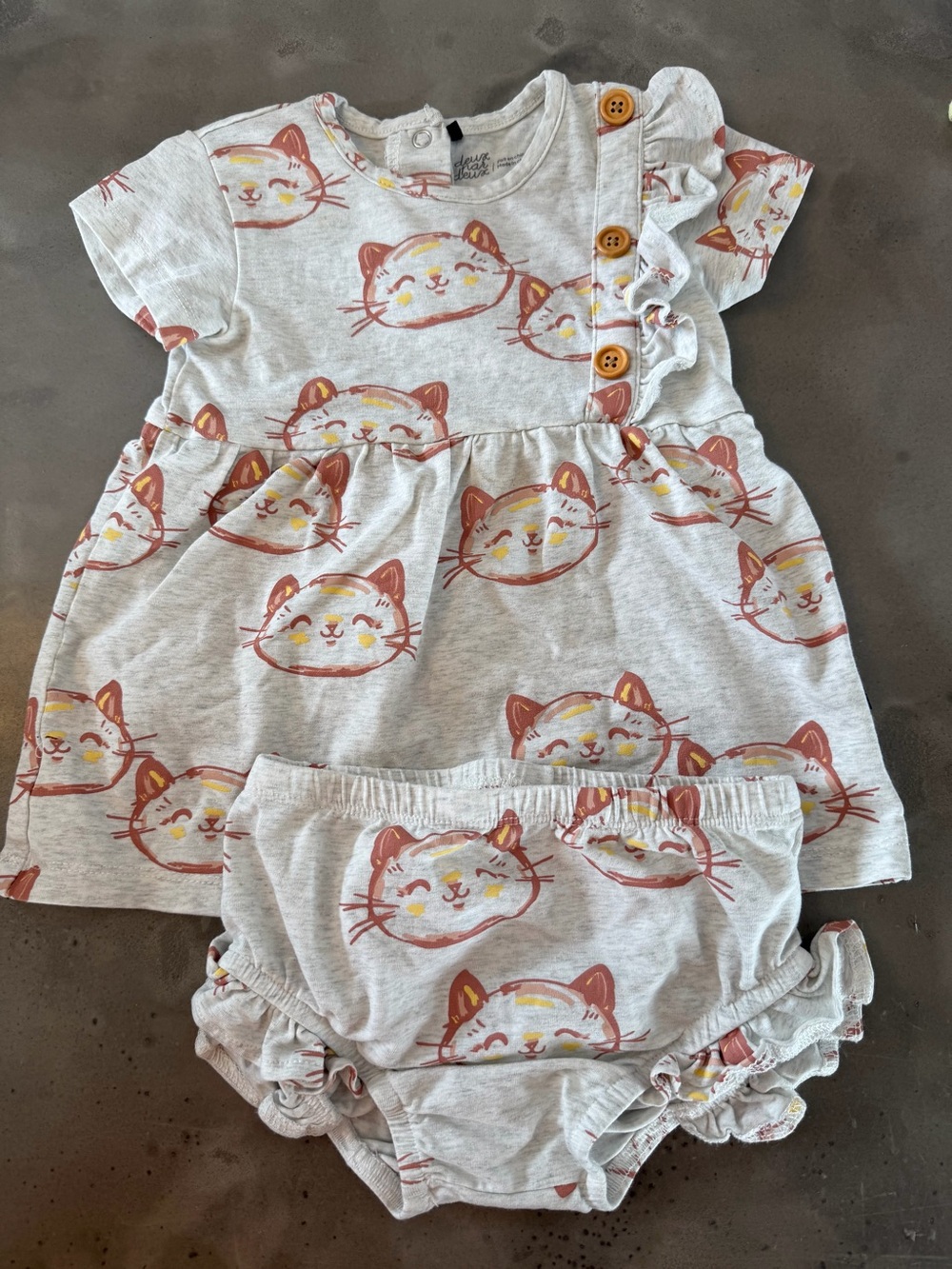 deux par deux White Dress & Bloomers with Pink Cat Print